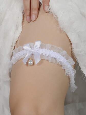 1pc Fashionable White Lace Faux Pearl Pendant Cute Girl Heart Shaped Leg Garter, Suitable For Cosplay, Weddings, Bridesmaids, Romantic, Sexy Thigh Chain' Valentines