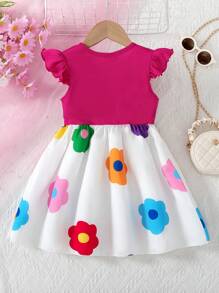 Rochie de fete tinere, stil casual, dulce, culoare solidă, cu nervuri, guler rotund, mâneci bufante, cu funde, imprimeu floral curcubeu, tiv, rochie de primăvară/vară pentru fete, rochie de vacanță în aer liber - Multicolor - Vizualizare 3