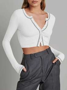 Women Crop Tops Reverse Stitch Buttons Long Sleeve T-Shirts Spring Fall Casual Slim Fit Shirts Streetwear - 白色 - 查看 2