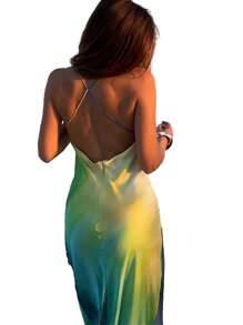 Women's Summer Cami Long Dress Gradient Color Spaghetti Strap V-Neck Backless Beach Party Dress - Blue - View 6