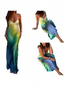 Women's Summer Cami Long Dress Gradient Color Spaghetti Strap V-Neck Backless Beach Party Dress - Blue - View 7