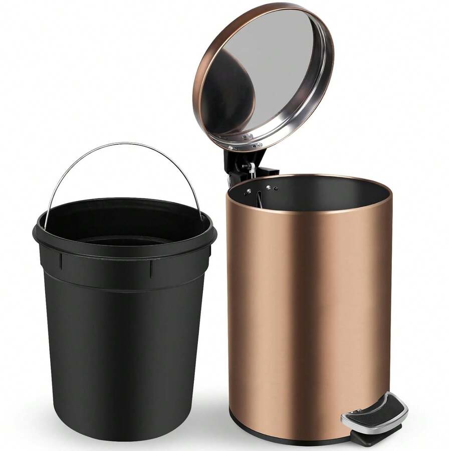 8 Liter/2.1 Gallon Round Metal Trash Can, Stainless Steel With Lid, Foot Pedal And Inner Bucket, Brushed Hands-Free Soft Close Lid Garbage Can For Kitchen, Bathroom, Bedroom - 金色 - 查看 1