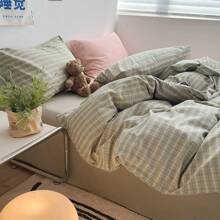 3件绿格子色织被套套件 日式简约风母婴安全级透气舒适柔软吸湿适用居家卧室双人床拉链被套公寓单人床套装 1个被套+2个枕套（不含芯） - 水洗棉 日落綠 - 查看 7