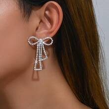 复古闪亮流苏俱乐部蝴蝶结水晶水钻耳环耳钉婚礼派对毕业珠宝 1 对 - 銀色 - 查看 8