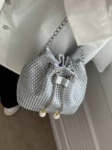 1pc Chain Drawstring Closure PVC Shiny Sequin Bucket Bag With Metal Pearl Decor, Colorful Glitter Women Party Evening Clutch Shoulder Crossbody Lipstick Holder, Fashion Gift For Party Outfit - Silver - View 7