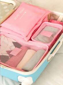 6pcs Travel Organizer Set - Foldable Luggage Organizer Bags, Compression Packing Cubes, Including Toiletry Bag, Cosmetic Bag, Underwear Bag, Shoe Bag, Underwear & Socks Organizer, Collapsible Clothes Storage Bags, Suitable For Suitcase, Travel, And Seasonal Storage Summer Holiday Bathroom Decor Makeup Organizer Bathroom Accessories Back To School - Pink - View 5