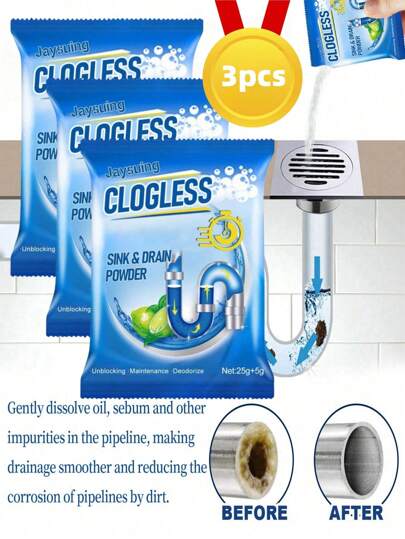 1包/3包/1瓶管道疏通粉，厨房排水管清洁剂，水槽和排水管除臭剂，浴室和厨房管道清洁剂，强效厕所清洁除臭粉，快速疏通排水管