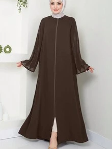 Vestido elegante para mujer de estilo árabe, holgado, de unicolor, con decoración de strass, manga larga, modesto, para primavera y otoño - color café - Ver 2