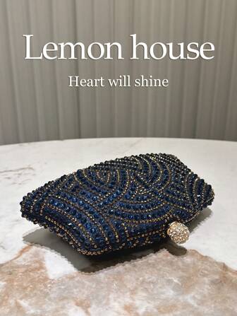 1 件优雅海军蓝闪亮水钻装饰手拿包，配金属肩链，时尚派对晚宴包，适合正式场合、婚礼、派对 - 送给女性的绝佳礼物