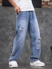 Patchwork-Jeans im Used-Look für Tween Jungens mit geradem Bein, lässige Hose mit entspannter Passform, geeignet für Frühling, Sommer, Herbst, Winter