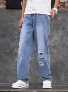 Patchwork-Jeans im Used-Look für Tween Jungens mit geradem Bein, lässige Hose mit entspannter Passform, geeignet für Frühling, Sommer, Herbst, Winter