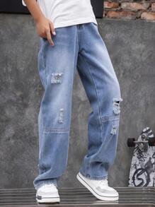 Patchwork-Jeans im Used-Look für Tween Jungens mit geradem Bein, lässige Hose mit entspannter Passform, geeignet für Frühling, Sommer, Herbst, Winter