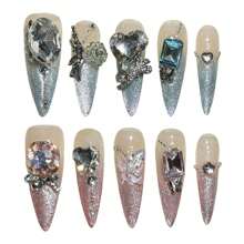 10Pcs Nude Long Fake Nails With Blue Pink Tip Natural Unbreakable Nail Simple Wear For Daily And Parties Wearing Press On Nails Nail Supplies Nails