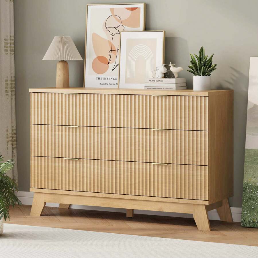 Tủ quần áo 6 ngăn kéo có khía, Tủ ngăn kéo hiện đại rộng 47 inch có chân gỗ, Tủ đựng đồ TV, Tủ ngăn kéo bằng gỗ cho phòng ngủ, phòng khách, hành lang, ký túc xá trở lại trường - Màu Khaki - Xem 1