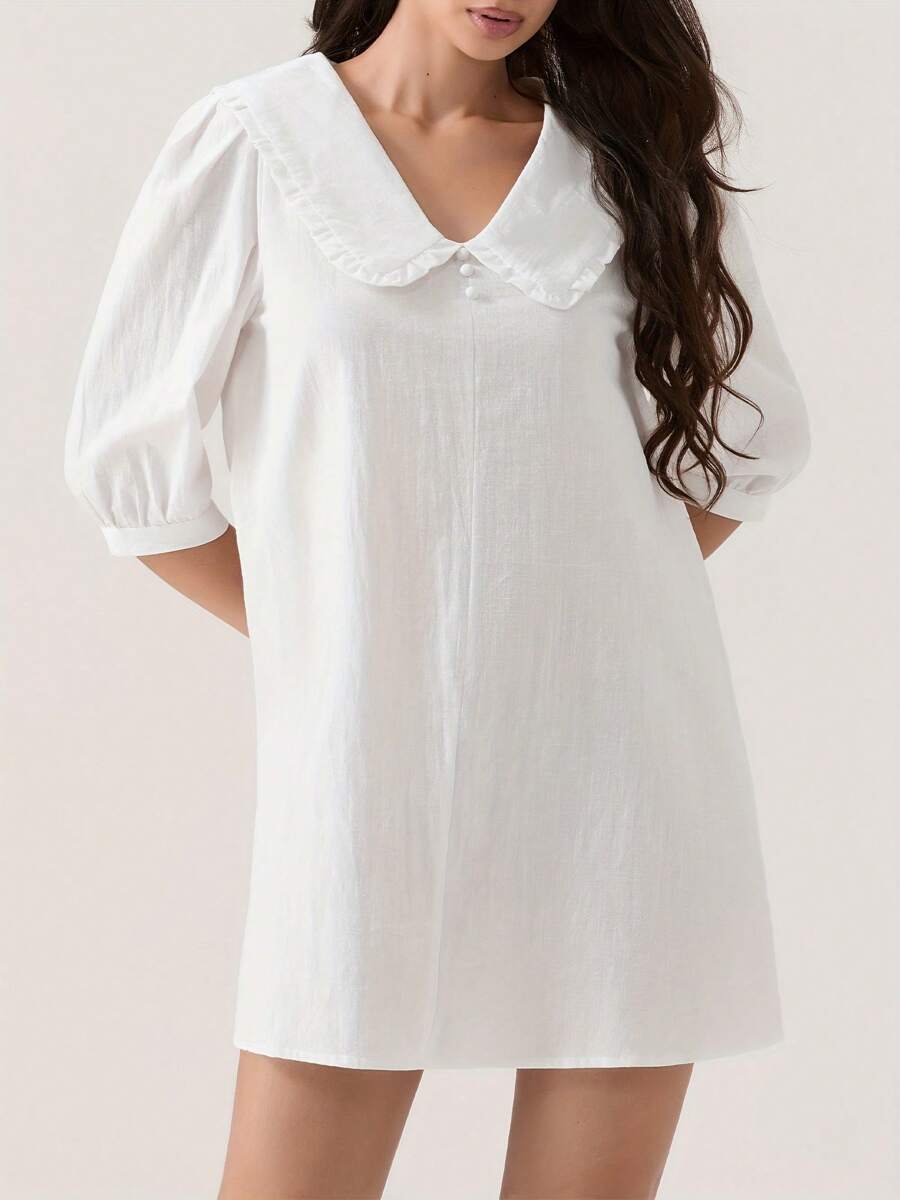 Women Summer Mini Beach Dress Half Sleeve Doll Collar Solid Color Dress With 2 Pockets - Milky - View 1