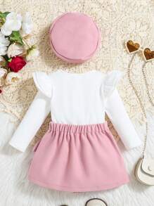 Conjunto de blusa de manga larga blanca con moño rojo y falda roja elegante para bebé niña en otoño/invierno - Rosa - Ver 2