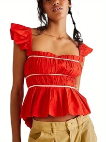 Women Y2k Sleevless Crop Tops Ruffle Patchwork Ruched Square Neck Summer Backless Slim Fit T-Shirts Tee Teen Girl Outfit Streetwear