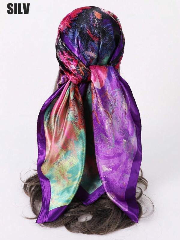 1pc Women's Bohemian Oil Painting Style Printed Faux Silk Classic Fashion Scarf, Paisley Bandana, Outdoor Beach Wrap, Head Wrap, Decorative Scarf