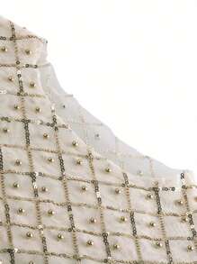 Women Mesh Pearl Crop Top Glitter Rhinestone Sequin Long Sleeve T-Shirt See Through Sheer Blouse Shirt Tops Clubwear - Gold - View 8