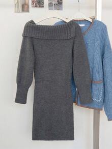 Women Off Shoulder Turtleneck Long Sleeve Bodycon Sweater Dress, Autumn/Winter