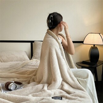 1 件厚双面羊毛毯，柔软温暖毛绒仿兔毛毯，多用途沙发，室内床，户外露营，四季礼物，可机洗，现代风格拼布毯，涤纶面料