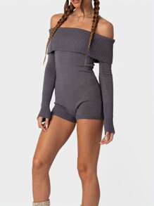 Women Knit Playsuits Solid Color Boat Neck Off Shoulder Short Jumpsuits Fall Long Sleeve Slim Sweater Rompers Clubwear - Grey - View 3