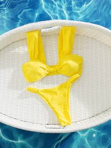 PEPPERMOLLY 全新纯色软带褶皱性感比基尼套装，女士夏季沙滩泳装，黄色泳装