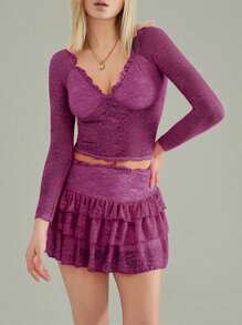 Women Lace Skirt Set Fairycore See Through Off Shoulder Long Sleeve Crop Tops And Mini Skirt Suit 2 Piece Outfits Streetwear - 紫色 - 查看 7