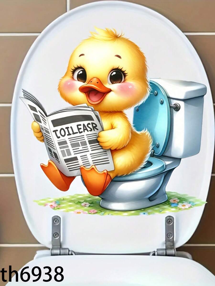 1 件 Quackie 可爱小鸭报纸阅读厕所贴花 - 防水自粘浴室贴纸，适用于陶瓷表面，动物主题，方形，可重复使用装饰贴花，适用于家庭必需品家居浴室装饰浴室地毯地毯秋季装饰浴室配件 - 彩色 - 查看 1
