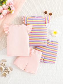 4 件套休闲刺绣花卉装饰纯色/彩虹条纹荷叶边袖上衣和短裤套装，舒适