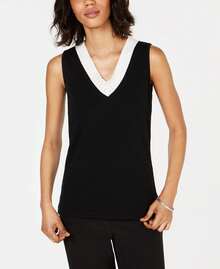 Top sin mangas con cuello en V de bloques de color Kasper - Negro - Ver 2