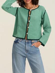 Women's Long-Length Wide-Sleeve Knitted Cardigan With Contrast Color Stitching And Button-Front Closure