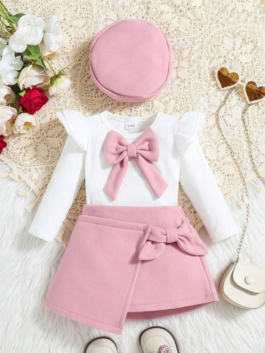 Conjunto de blusa de manga larga blanca con moño rojo y falda roja elegante para bebé niña en otoño/invierno - Rosa - Ver 1