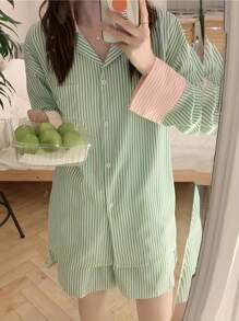 Women's Fall 2 Piece Outfits 2024 Long Sleeve Button Down Shirts Matching Short Sets Oversized Lounge Pajama Workout - 綠色 - 查看 2