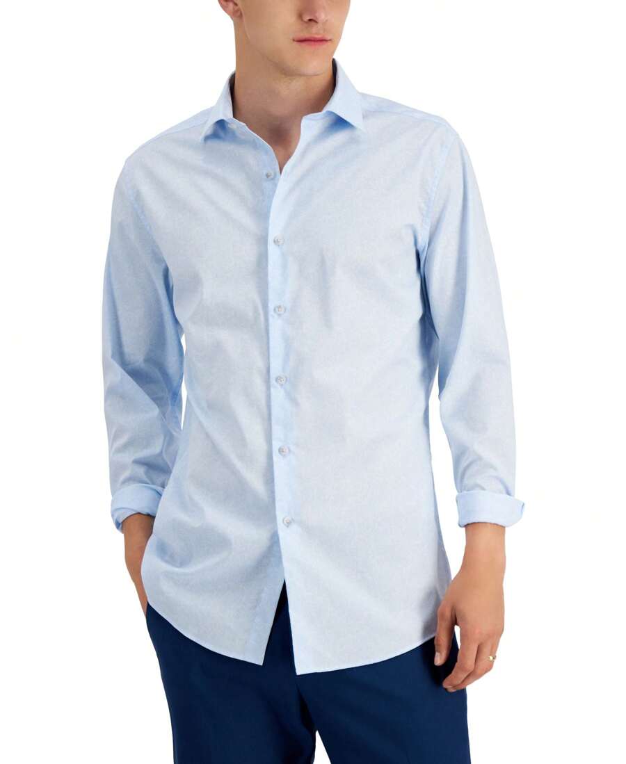 Men's Organic Cotton Tonal Coral-Print Slim Fit Dress Shirt - Blue - View 1