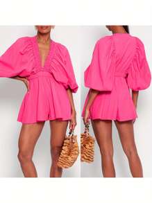 Women Deep V-Neck Rompers Solid Color/Plaid Bubble Sleeve Summer Short Jumpsuits Playsuits Streetwear - Hot Pink - View 2
