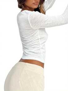 Women Button Up Shirt Casual Solid Color Sheer Long Sleeve Cropped Cardigan Blouse Streetwear Clubwear - White - View 4