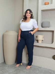 Plus Size Tailored Trousers With Button P To G3 - Azul Marino - Ver 2