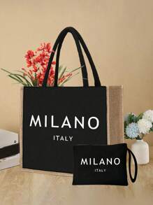 1 Set Linen Tote Bag, Includes 1 Tote Bag Printed With "Milan, Italy" Text And 1 Floral & Letter Printed Small Pouch, Personalized Gift Packaging, Suitable For Wedding, Birthday, Beach, Holiday And More, Perfect Gift For Women, Mothers, Teachers, Friends, Bridesmaids, Students And Back To School - Black - View 3
