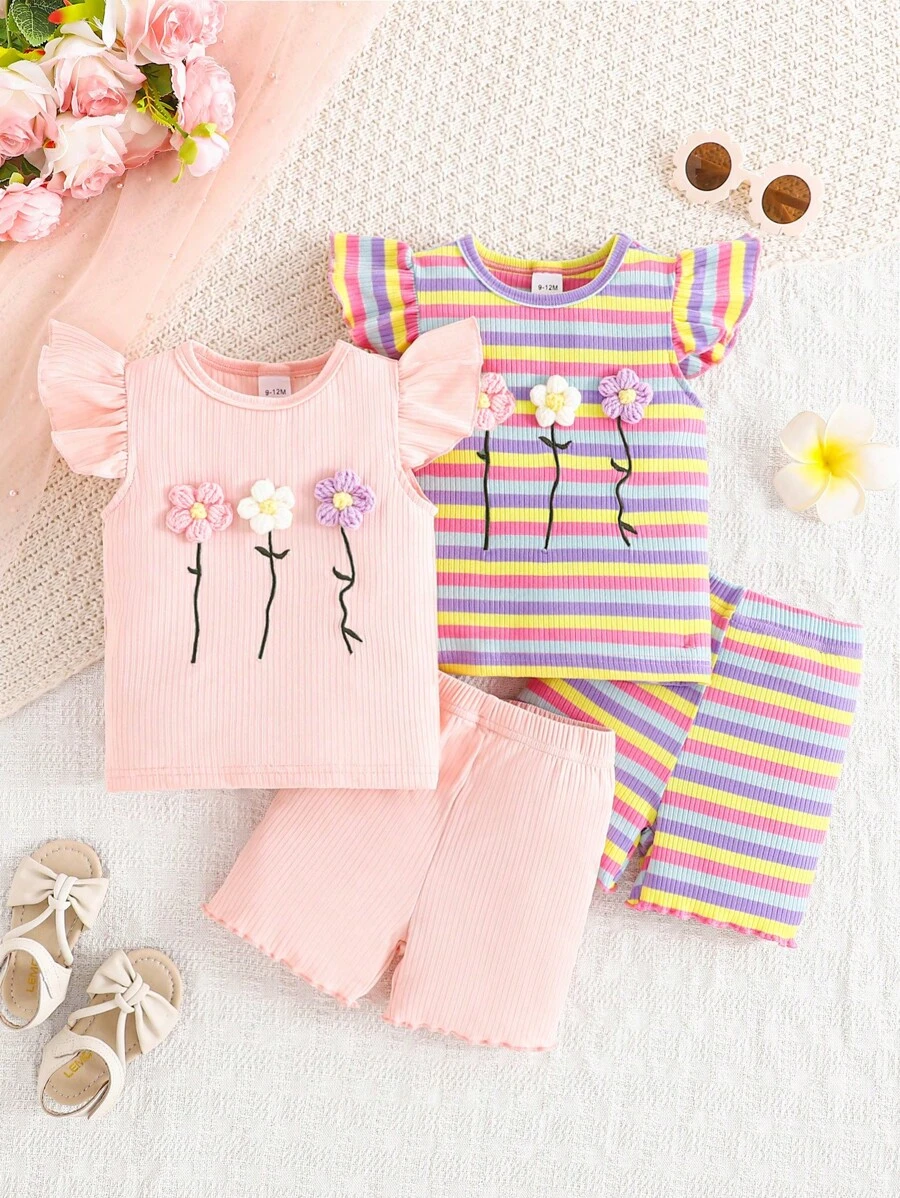 4 件套休闲刺绣花卉装饰纯色/彩虹条纹荷叶边袖上衣和短裤套装，舒适