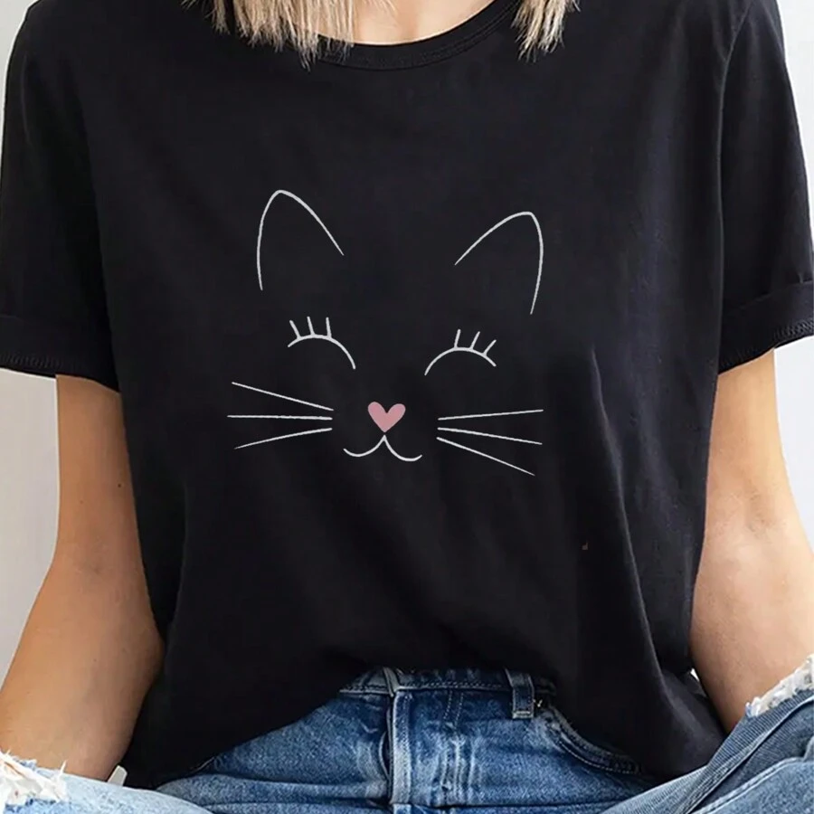 Cat Letters Graphic Tees Soft Cotton Crew Neck Short Sleeve T-Shirt Funny Novelty Design Shirts