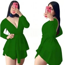 Vestido Corto con vuelo de manga larga - Verde - Ver 1