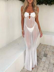 Womenacute;S Summer Mesh Tube Top Dress Solid Color Low Cut See Through Strapless Bodycon Long Dress - trắng - Xem 4