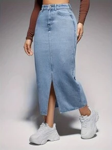 Saia Denim Maxi Casual com Fenda no Bolso e Bainha para Mulheres