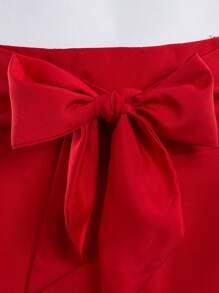Women High Waist Pure Skirt Fashion Bow Flared Pleated Long Skirt With Two Pocket - Red - View 3