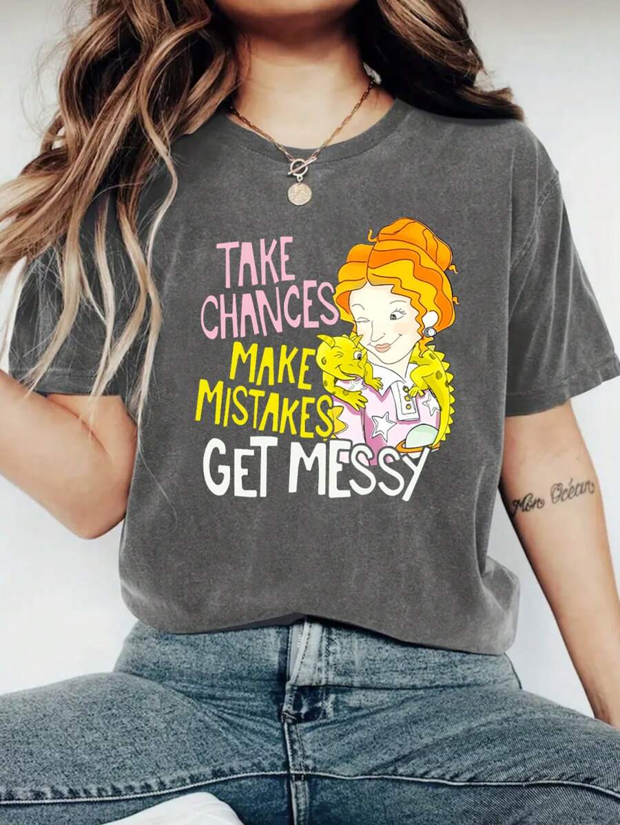 Crew Neck T-Shirt - Fashionable Womens Graphic Print T-Shirt - Casual Short Sleeve Crew Neck Top - Lightweight & Breathable For Spring & Summer Wardrobe - Màu xám đen - Xem 1