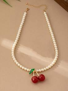 1 Stück/Set 2024 modischer französischer süßer Kirschen Anhänger und Perlenkette, süße, elegante Kirchen-Ohrringe, geeignet für Frauenpartys, täglichen Gebrauch, Valentinstaggeschenke