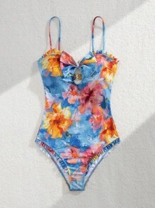 Cute Rococo Style Flower Print Ruffled Halter Strap Detachable One-Piece Swimsuit, Casual Summer Vacation Beach Wear - Multicolor - View 7