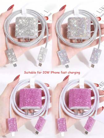 5 件/套水钻装饰充电器盖和数据线保护器套装，充电适配器盖兼容 Apple 18W/20W 快速充电器，兼容 16/15 系列充电器保护器