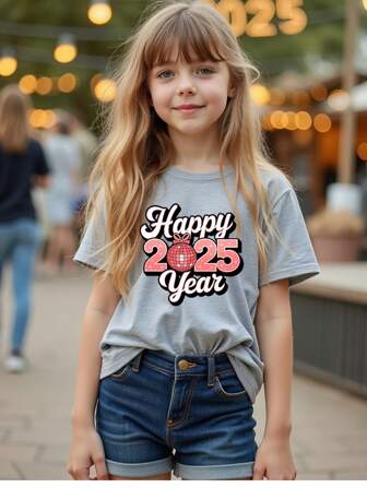 女童儿童休闲2025英文涂鸦印花适合跨年节日常穿着短袖T恤 (另售1件)